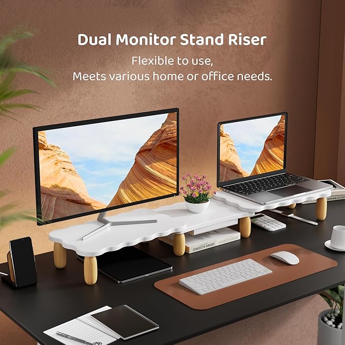Dual Monitor Riser, Cookie-Shaped Adjustable Length & Swivel Angle, Wooden Desktop Organizer for 2 Monitors,Monitor Stand with Drawer for Laptop, PC, Computer, Printer,White