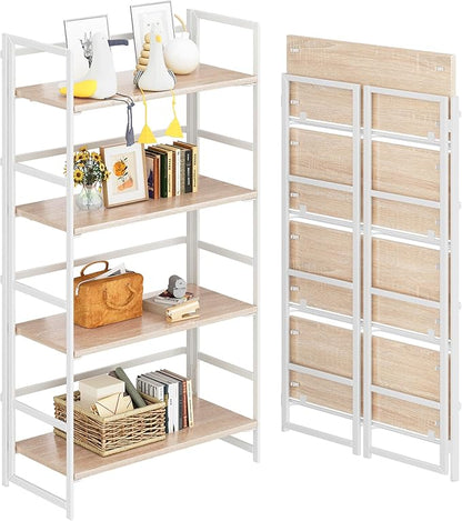 4NM No Assembly 4 Tiers Book Shelves, White Folding Bookshelf Bookcase Open Industrial Foldable Shelves for Bedroom, Living Room, Home Office - Natural White