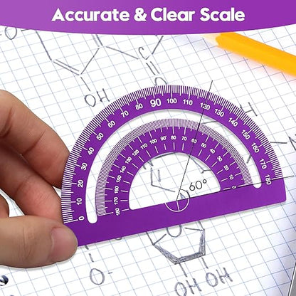 MSDADA Triangle Ruler, Protractor, Square and Ruler Set, 4 Pieces Aluminum Alloy Ruler, Metal Drafting Ruler Kit, Geometric Protractor for Student, School, Home, Office (Purple, 15cm/5.9inch)
