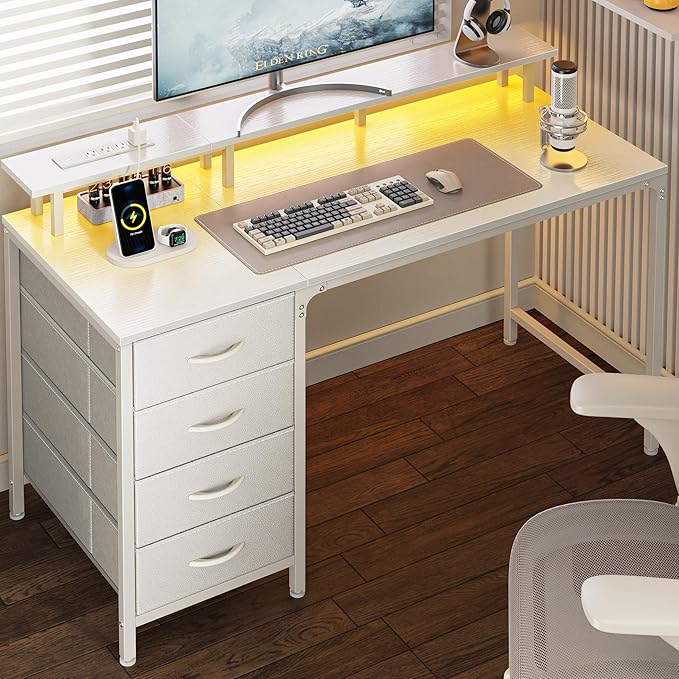 Huuger 47 Inch Computer Desk with Power Outlets and LED Lights, Gaming Desk with 4 Drawers, Office Desk with Monitor Stand, Study Work Home Office, Small Spaces, White
