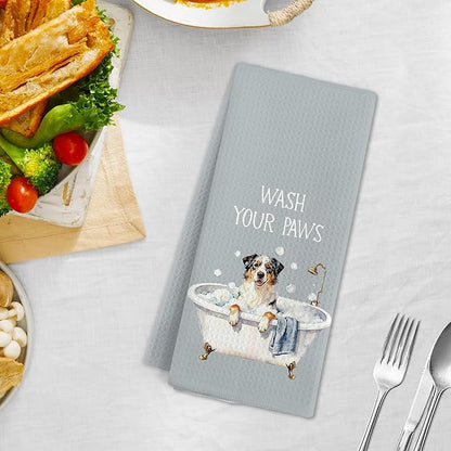 Funny Australian Shepherd Dog Hand Towels for Bathroom, Wash Your Paws Hand Towels, Australian Shepherd Dogs Dish Tea Towel for Kitchen Bathroom Decor, Dog Lover Gifts for Women Men, 16x24 Inch