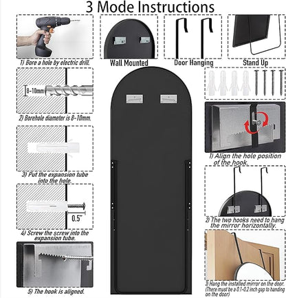 57x20 Door Hanging Full Length Mirror, Floor (Height 5.7ft just Body in1.3ft) or Wall Mounted Metal Frame Arch Dressing Mirrors for Bedroom Bathroom Living Room 57 20 inch Black
