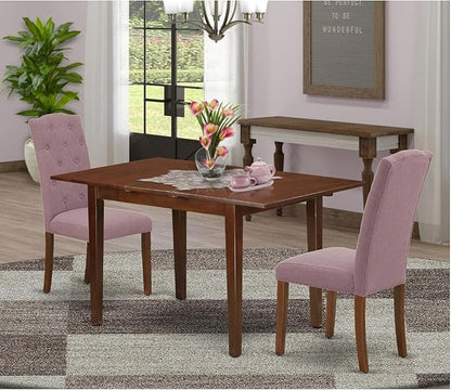 East West Furniture NOCE3-MAH-10 3 Piece Small Dinette Set Contains a Rectangle Butterfly Leaf Dining Table and 2 Dahlia Linen Fabric Upholstered Chairs, 32x54 Inch, Mahogany