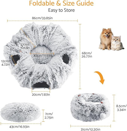 Cat Tunnel Cat Bed for Indoor Cats,Christmas Tree cat Tunnel 3-in-1 Foldable Plush Donut Tunnel with Washable Cushion, Peekaboo Cat Cave with Ears for Kittens, Puppy, Rabbit (Gray)