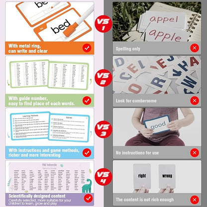 WJPC 58 Cards, 116PCS High Frequency Sight Words Flash Cards (Kindergarten), Phonics Learning Cards for Kids Ages 4,5,6 Years. Learn to Read, Write.