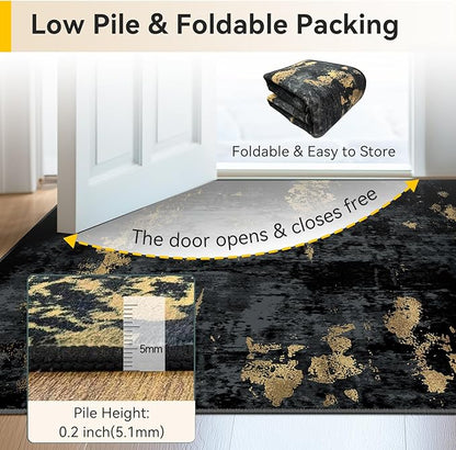 Washable Area Rugs 7'x9' Non-Slip Modern Abstract Soft for Living Room Entryway Bedroom Nursery, Print Pattern, Dark Black Gold