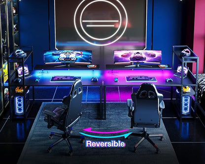 ODK Reversible 55 Inch Gaming Desk with USB Charging Port and LED Lights, Computer Desk with Storage Shelves and Monitor Stand, Study Table for Home Office, Morden Desk for Bedroom, Carbon Fiber Black