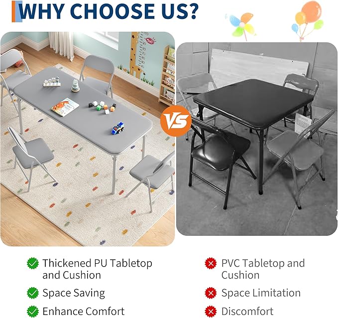 IDEALHOUSE 5 Piece Folding Kids Table and Chairs Set, Children's Activity Table and Chairs Set for Dining Room,Daycare,Classrooms