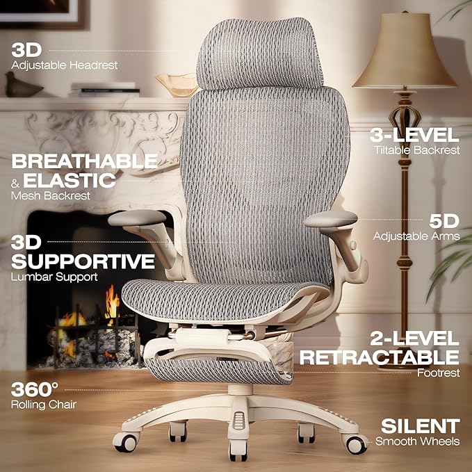 ELABEST X100 Ergonomic Office Chair with Footrest, Big and Tall Home Desk Chair with 5D Flip-Up Arms, Adjustable 3D Lumbar Support,High Back Rolling Computer Chair, Swivel Mesh Chairs (Frosted Dawn)