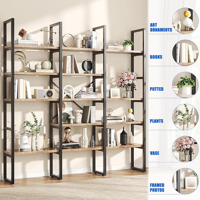 70.86" Modern Bookshelf and Bookcases with 13 Open Display Shelves, Triple Wide 5-Tier Industrial Large Book Shelf with Metal Frame, Tall Etagere Book Case for Home & Office, Rustic Brown