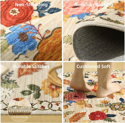 Machine Washable Runner Rug for Hallway: 2'6"x8' Kitchen Runners Rug with Rubber Backing Non Slip Stain Resistant Floral Floor Rug Soft Carpet Runners for Indoor Entryway Bedroom Bedside Living Room