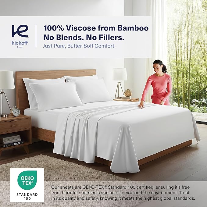 Kickoff Viscose Bamboo Sheets Queen Size 4-pc 100% Organic Bamboo Viscose Bed Cooling Sheets Queen Size Set Cool Bedding for hot Sleepers Sheet, Flat, Fitted, Pillowcases (Snow White, Q)
