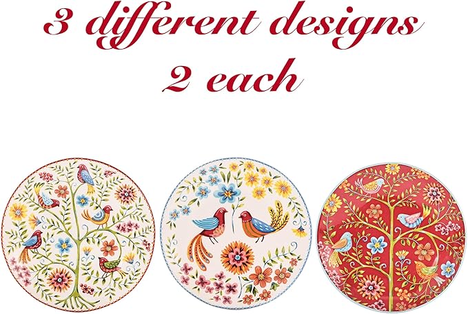Bico Red Spring Bird Appetizer Plates Set of 6, 6 Inch Small Ceramic Dessert Plates for Snacks, Salad, Tablescape, Microwave and Dishwasher Safe, Gift for Housewarming and Thanksgiving