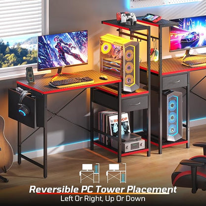 Bestier Gaming Desk with LED Lights, 44 Inch Reversible Computer Desk with Drawers & Storage Shelves for Small Spaces, PC Gamer Table with Storage Bag & Side Hook, Carbon Fiber Black-RED