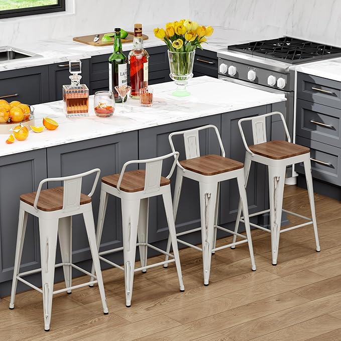 WENTMENT Bar Stools Set of 4, Industrial Style, Metal Frame, Distressed White, Wooden Seat, 24" H x 12.2" W x 15.6" D, 330 lbs Max Weight, Counter Height