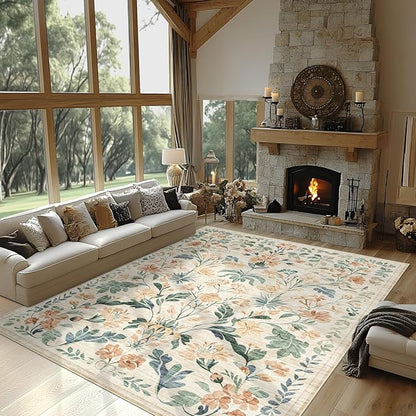 Machine Washable Area Rugs 2x3: Small Entryway Rug Soft Non-Slip Thin Carpet Floral Indoor Door Mat Floor Neutral Carpets for Entrance Bedroom Kitchen Laundry Bathroom Beige