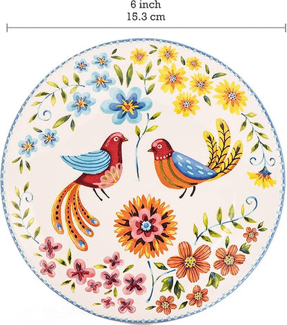 Bico Red Spring Bird Appetizer Plates Set of 6, 6 Inch Small Ceramic Dessert Plates for Snacks, Salad, Tablescape, Microwave and Dishwasher Safe, Gift for Housewarming and Thanksgiving
