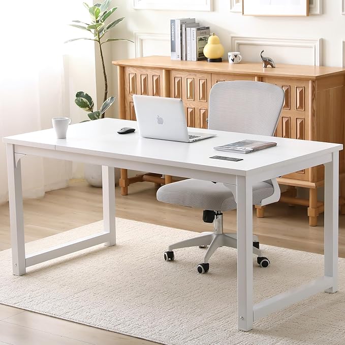Large Computer Desk - 63 Inch Home Office Desks Study Student Writing Table Gaming Desk Wood Modern Simple Table with USB Ports, White