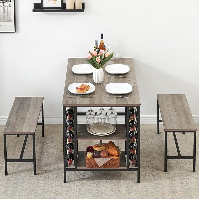IDEALHOUSE Dining Table Set for 4, Kitchen Table Set for 4 with 2 Benches, Rectangular Dining Room Table Set with Wine Rack, 3 Piece Dining Table Set for Small Space Apartment, Grey
