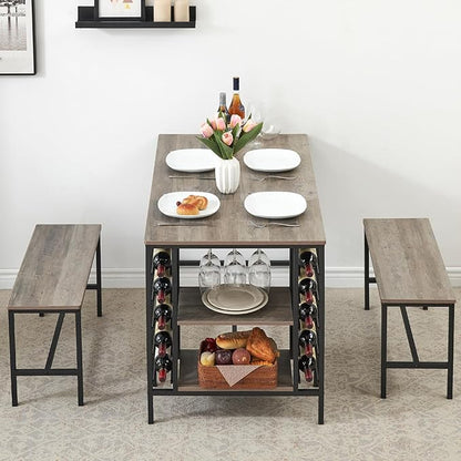 IDEALHOUSE Dining Table Set for 4, Kitchen Table Set for 4 with 2 Benches, Rectangular Dining Room Table Set with Wine Rack, 3 Piece Dining Table Set for Small Space Apartment, Grey