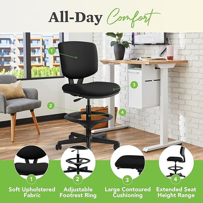 HON Volt Standing Desk Chair, Fabric Home Office Chair with Foot Rest, Armless, Ergonomic Recline and Center Tilt, for Computers, Offices, Work, Black