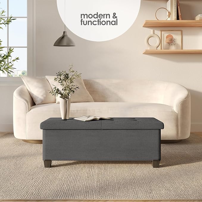 STORAGEBUD Storage Ottoman Bench with Bins, 43-in Storage Bench for Bedroom End of Bed, Folding Foot Rest Ottoman for Living Room Max 660lbs, Fabric Ottomans, Grey