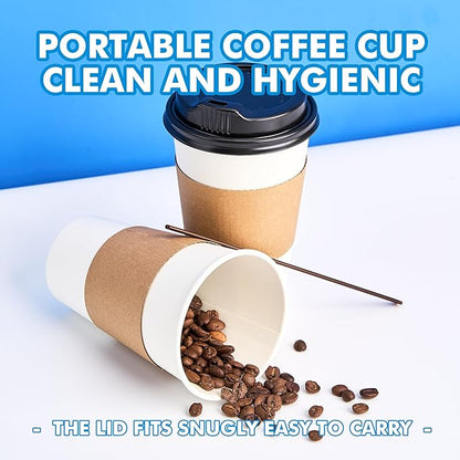 RACETOP 16 oz 100 Pack Disposable Paper Coffee Cups with Lids, Sleeves and Stirrers, Hot Cups, Paper Cups with Lids, Sleeves and Stirrers, Ideal for Home/Office