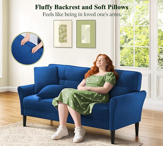 69" Loveseat Sofa, Velvet Small Couches for Small Spaces, Love Seat Couches with 2 Pillows, Tool-Free Setup Loveseats, 700lb Load Sofas for Living Room, Mini Couch for Bedroom, Comfy Sofa Couch, Blue