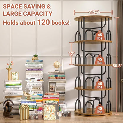 Aheaplus 4 Tier Rotating Bookshelf Tower, 360 Display Spinning Bookcase, Revolving Round Book Shelf Narrow Swivel Bookshelf, Vertical Turning Corner Book Organizer for Small Space, Rustic Brown