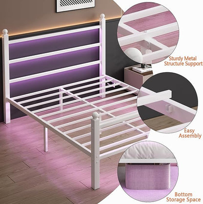 Queen Bed Frame with Headboard and Footboard,Steel Slats Support-LED Bed Frame with USB Charging Station,Mattress Foundation-Under Bed Storage,No Box Spring Needed,Noise Free,White