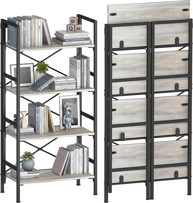 Folding Bookshelf,4 Tier Bookcase Foldable Shelf with X-Bracket Design, Adjustable Feet, Space Saving Storage for Living Room, Office, Brownish