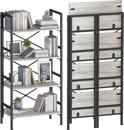 Folding Bookshelf,4 Tier Bookcase Foldable Shelf with X-Bracket Design, Adjustable Feet, Space Saving Storage for Living Room, Office, Brownish