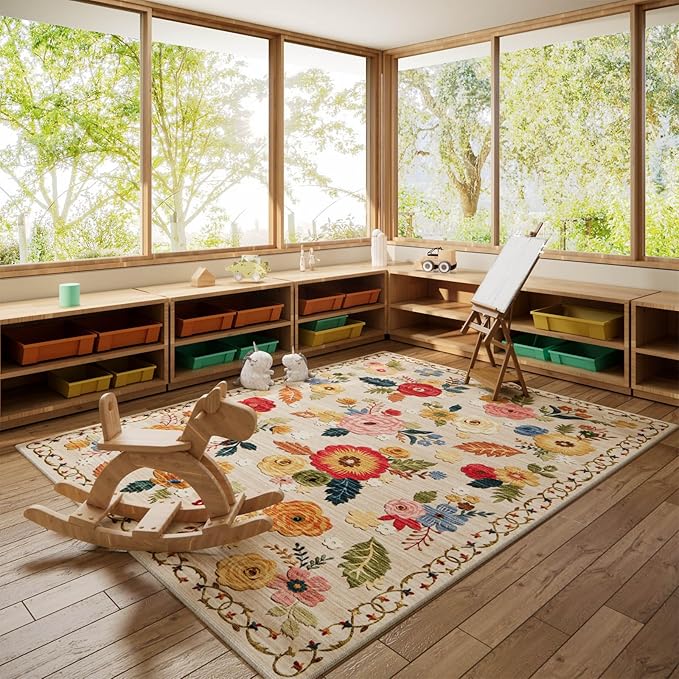 Machine Washable Area Rugs for Bedroom: 5'x7' Living Room Rug Floral Vintage Large Rug Stain Resistant Non Slip Low Pile Faux Wool Soft Rugs for Dining Room Bedside Kitchen Entryway Nursery Office