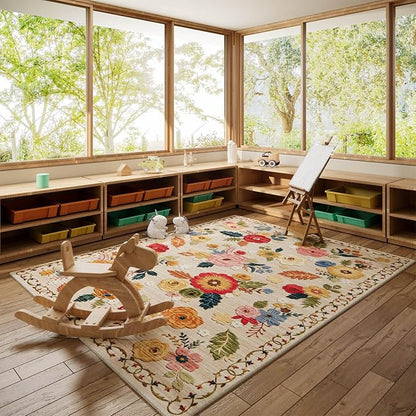 Machine Washable Area Rugs for Bedroom: 5'x7' Living Room Rug Floral Vintage Large Rug Stain Resistant Non Slip Low Pile Faux Wool Soft Rugs for Dining Room Bedside Kitchen Entryway Nursery Office