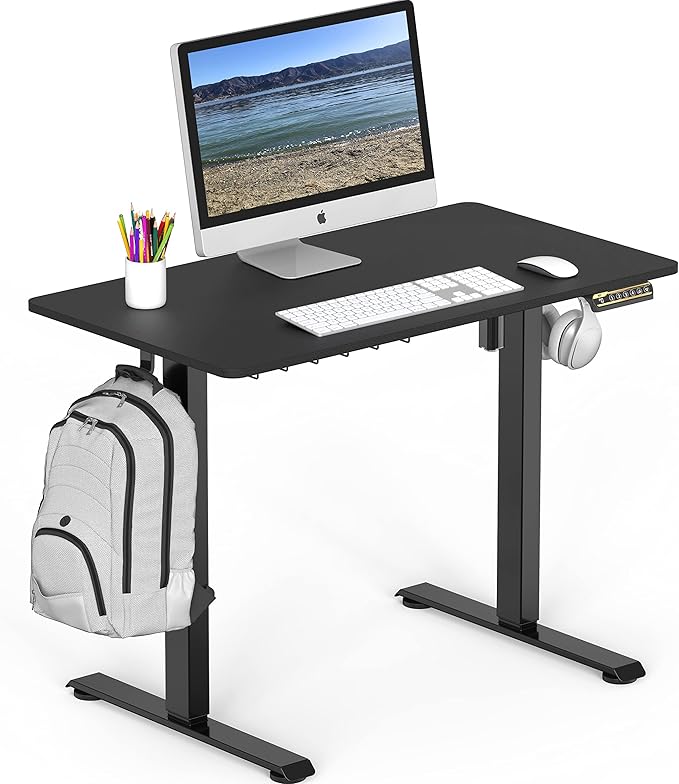 SHW 40 x 22 Inches Electric Height Adjustable Sit to Stand Desk with Hanging Hooks and Cable Management, Black Frame and Black Top