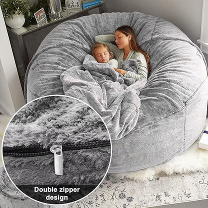 BCU Oversized Bean Bag Cover Comfy Beanbag Chair for Adults Without Filler Faux Fur Lazy Sofa Cover for Living Room Chairs, Grey, 5FT
