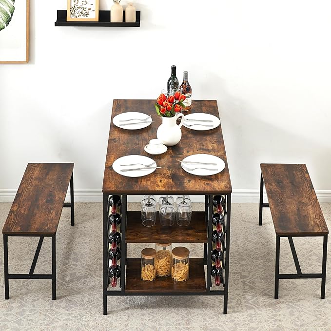 IDEALHOUSE Dining Table Set for 4, Kitchen Table Set for 4 with 2 Benches, Rectangular Dining Room Table Set with Wine Rack, 3 Piece Dining Table Set for Small Space Apartment, Rustic Brown