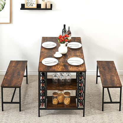 IDEALHOUSE Dining Table Set for 4, Kitchen Table Set for 4 with 2 Benches, Rectangular Dining Room Table Set with Wine Rack, 3 Piece Dining Table Set for Small Space Apartment, Rustic Brown