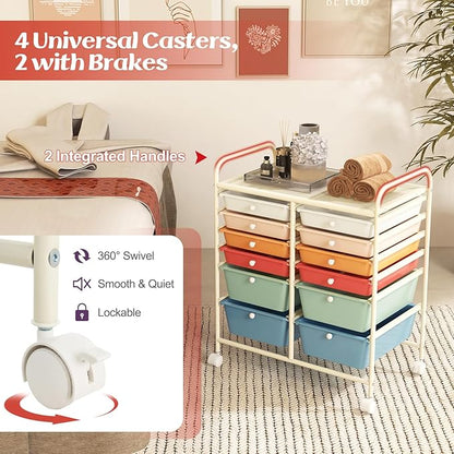 COSTWAY 12-Drawer Rolling Storage Cart, Moveable Art Craft Organizer W/Lockable Wheels, Metal Shelf, Files Arrangement Tools Makeup Storage Cart for Office, Home, School, Macaron