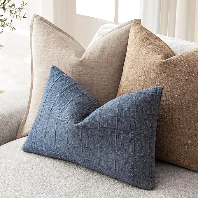 Foindtower Set of 2 Decorative Linen Check Throw Pillow Covers Neutral Farmhouse Lumbar Cushion Covers Modern Coastal Boho Home Decor for Sofa Chair Couch Bedroom Living Room Outdoor,12×20 Inch,Blue