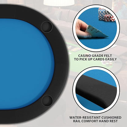 8 Player Foldable Poker Table, 71" Portable Folding Poker Game Tables with Collapsible Legs, Cup Holders, Casino Grade Felt Surface, Oval Card Game Poker Table for Game Room, Blue