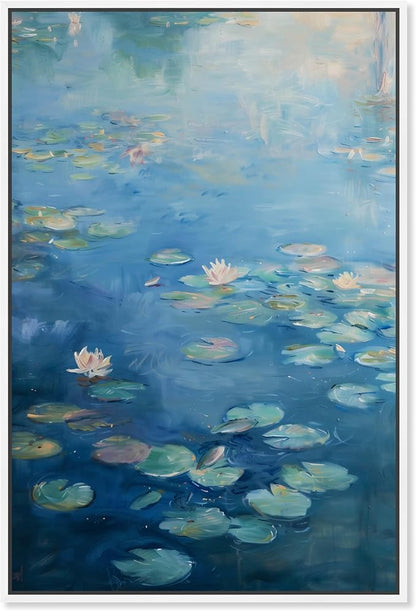 Art Remedy Lilypads In Blues Framed Impressionism 1 Piece Canvas Wall Art/Monet And Van Gogh Inspired Art, 21" x 31", White Frame