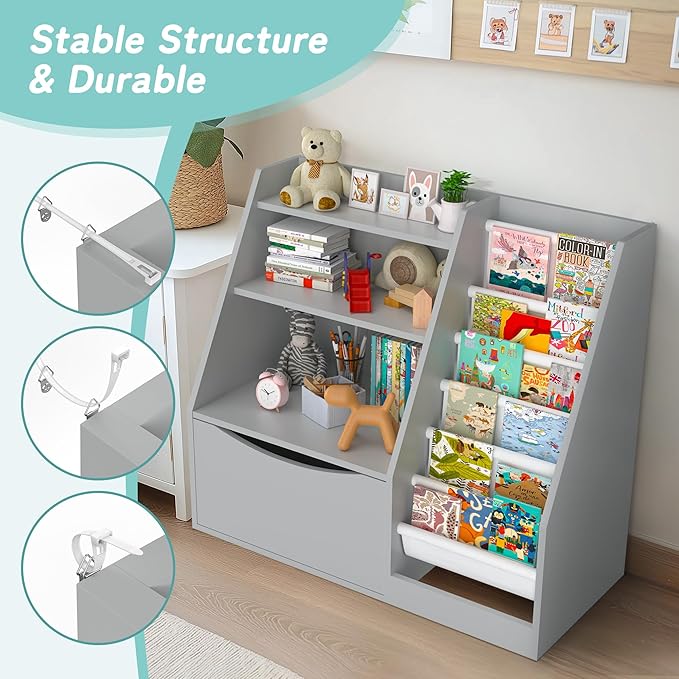 TOETOL Kids Bookshelf & Book Storage,3 Tier Wooden Toddler Bookshelf for Children,Nursery Book Shelves with 6 Sling,Organizer & Book Shelf for Kids Rooms,Bedroom,Playroom Gary