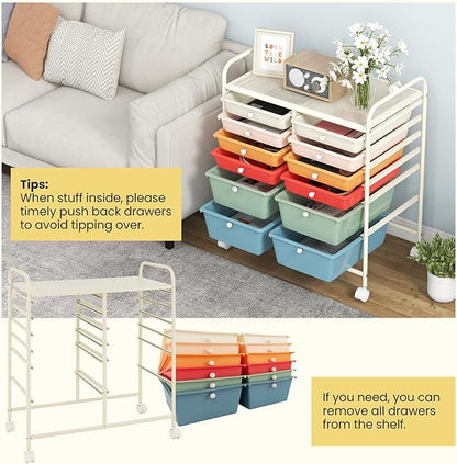 COSTWAY 12-Drawer Rolling Storage Cart, Moveable Art Craft Organizer W/Lockable Wheels, Metal Shelf, Files Arrangement Tools Makeup Storage Cart for Office, Home, School, Macaron