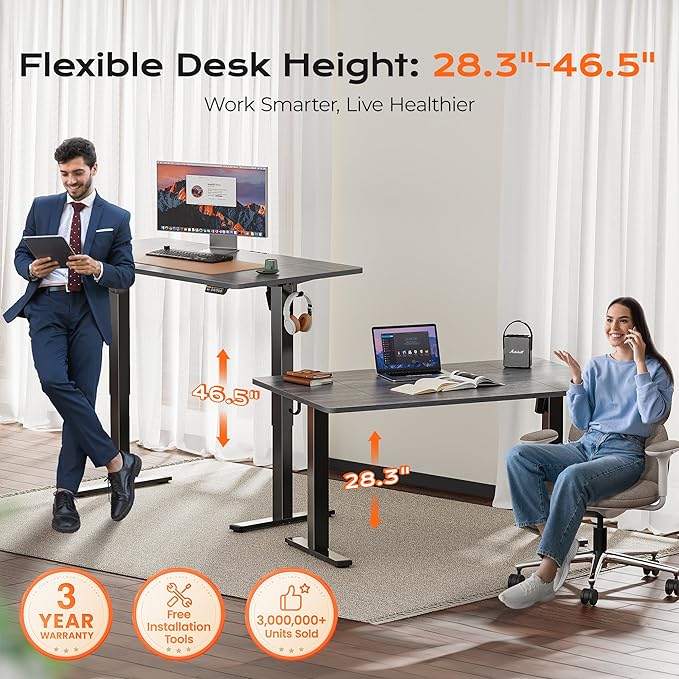 Huuger 55 x 28 Large Electric Standing Desk, Height Adjustable Desk, 27.6" Deep Desktop, Stand up Gaming Computer Office Desk with 2 Hooks, 3 Preset Heights, for Home Office, Grey