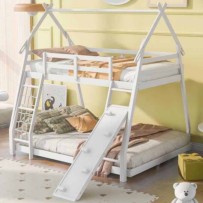 Twin Over Queen House Bunk Bed with Climbing Nets and Climbing Ramp for Kids Teens Boys Girls,Solid Wood Bunk Bed Frame with Safety Guardrails,Playful Design,White