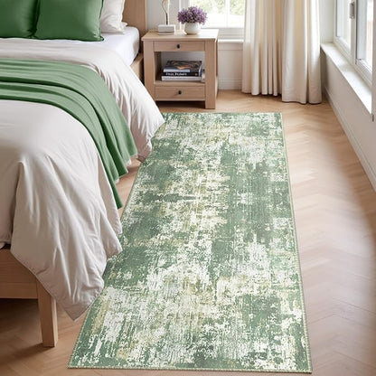 Washable Area Rugs 2'x6' Non-Slip Modern Abstract Soft for Living Room Entryway Bedroom Nursery, Print Pattern, Light Green/Yellow