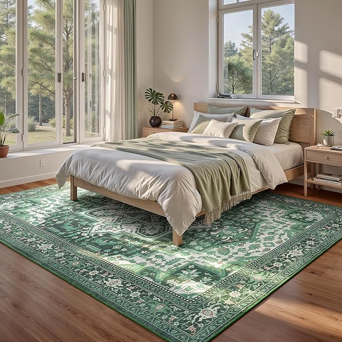 Rugflix 6x9 Area Rugs for Living Room, Machine Washable Rug Non Slip Stain Resistance, Large Rug Vintage Distressed Soft Carpet for Bedroom, Dining Room, Home Office, Green