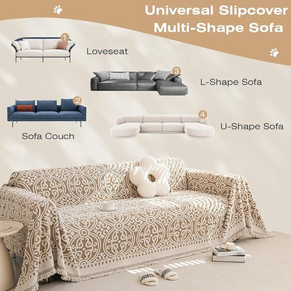 STACYPIK Khaki French Jacquard Couch Covers Thickened Boho L Shape Sofa Covers Soft Pets Protector for 3 Cushion Couch Washable Dogs Cats Couch Protector Cover Non Slip Throw Blanket-71X134IN