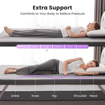 SINWEEK 2 Inch Gel Memory Foam Mattress Topper King Size, Pad for Back Pain, Bed Topper with Removable Soft Cover, CertiPUR-US Certified,Grey
